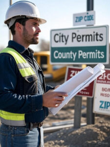 Contractor looking at signs pointing to City Permits and County Permits - How to get the right municipality and county