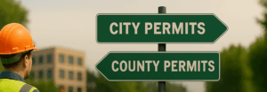 Contractor looking at signs pointing to City Permits and County Permits - How to get the right municipality and county