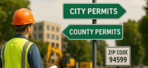 Contractor looking at signs pointing to City Permits and County Permits - How to get the right municipality and county