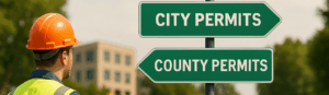 Contractor looking at signs pointing to City Permits and County Permits - How to get the right municipality and county