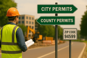 Contractor looking at signs pointing to City Permits and County Permits - How to get the right municipality and county