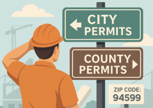 Contractor looking at signs pointing to City Permits and County Permits - How to get the right municipality and county