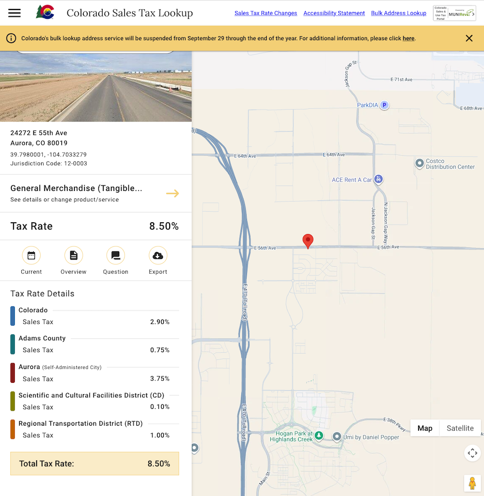 Colorado Sales Tax Bulk Address Lookup